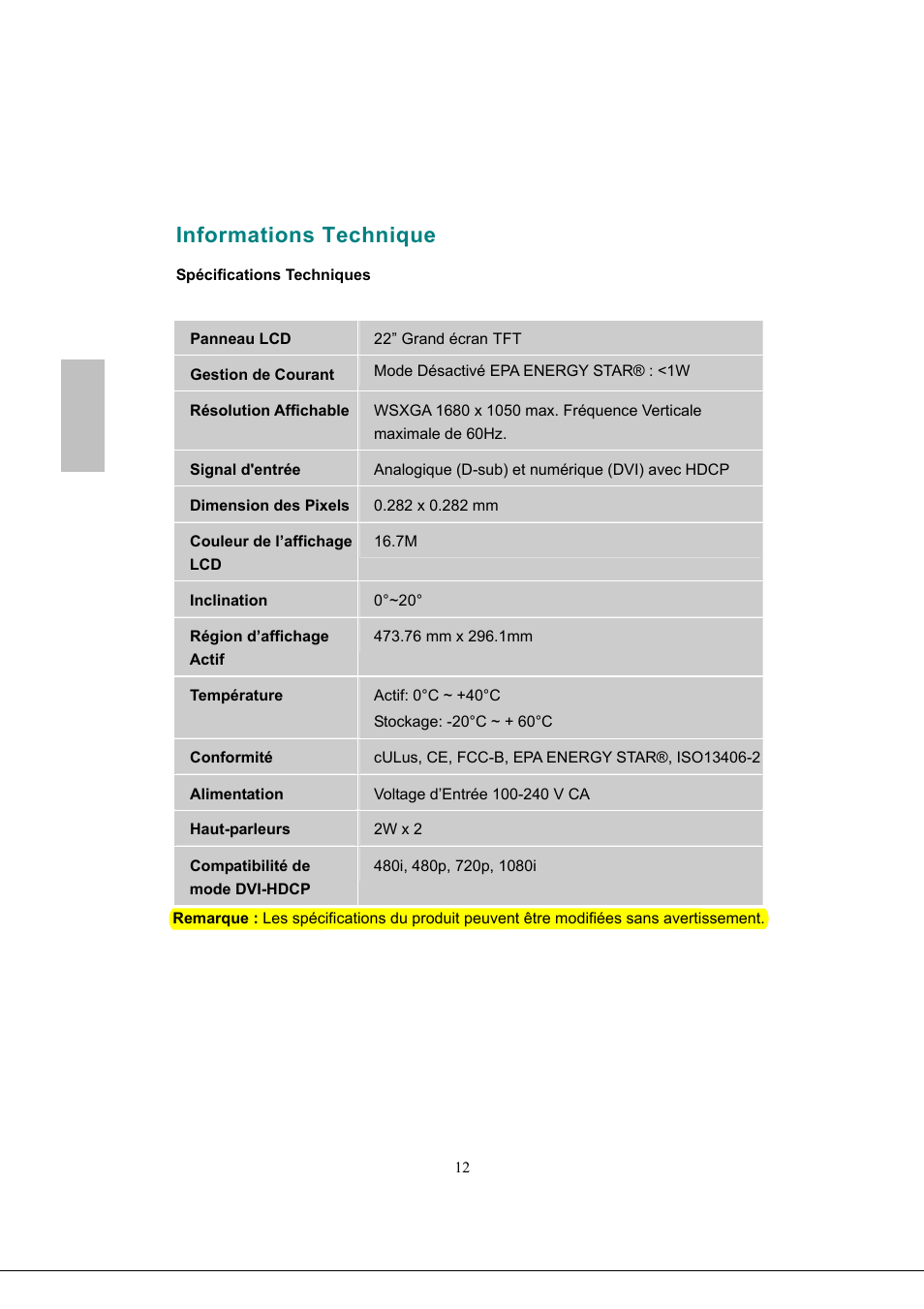 Français, Informations technique | Envision Peripherals G218a1 User Manual | Page 29 / 46