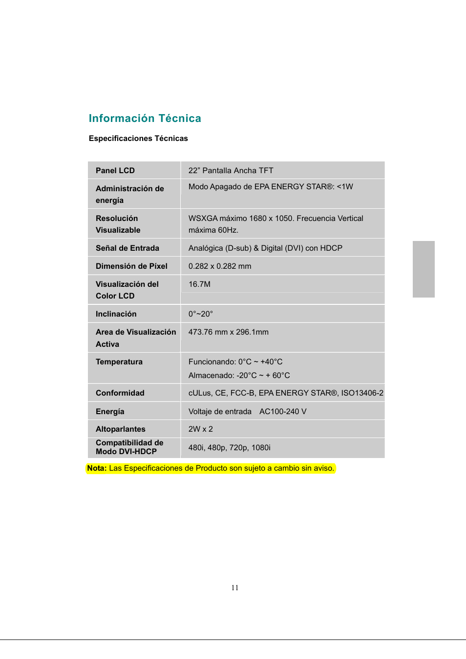 Español, Información técnica | Envision Peripherals G218a1 User Manual | Page 44 / 46