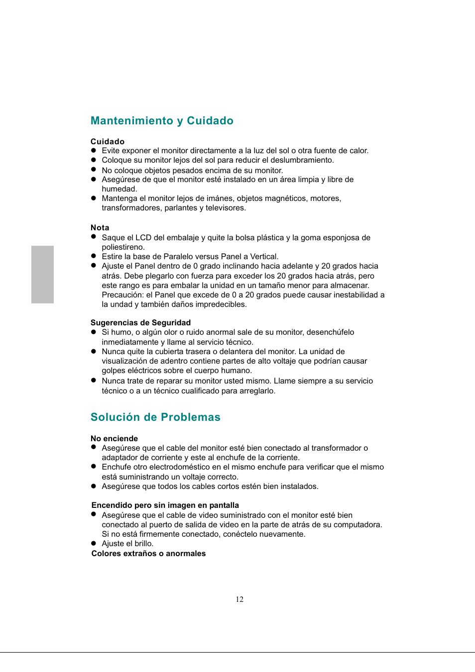 Mantenimiento y cuidado, Cuidado, Nota | Solución de problemas, Español | Envision Peripherals G218a1 User Manual | Page 45 / 46