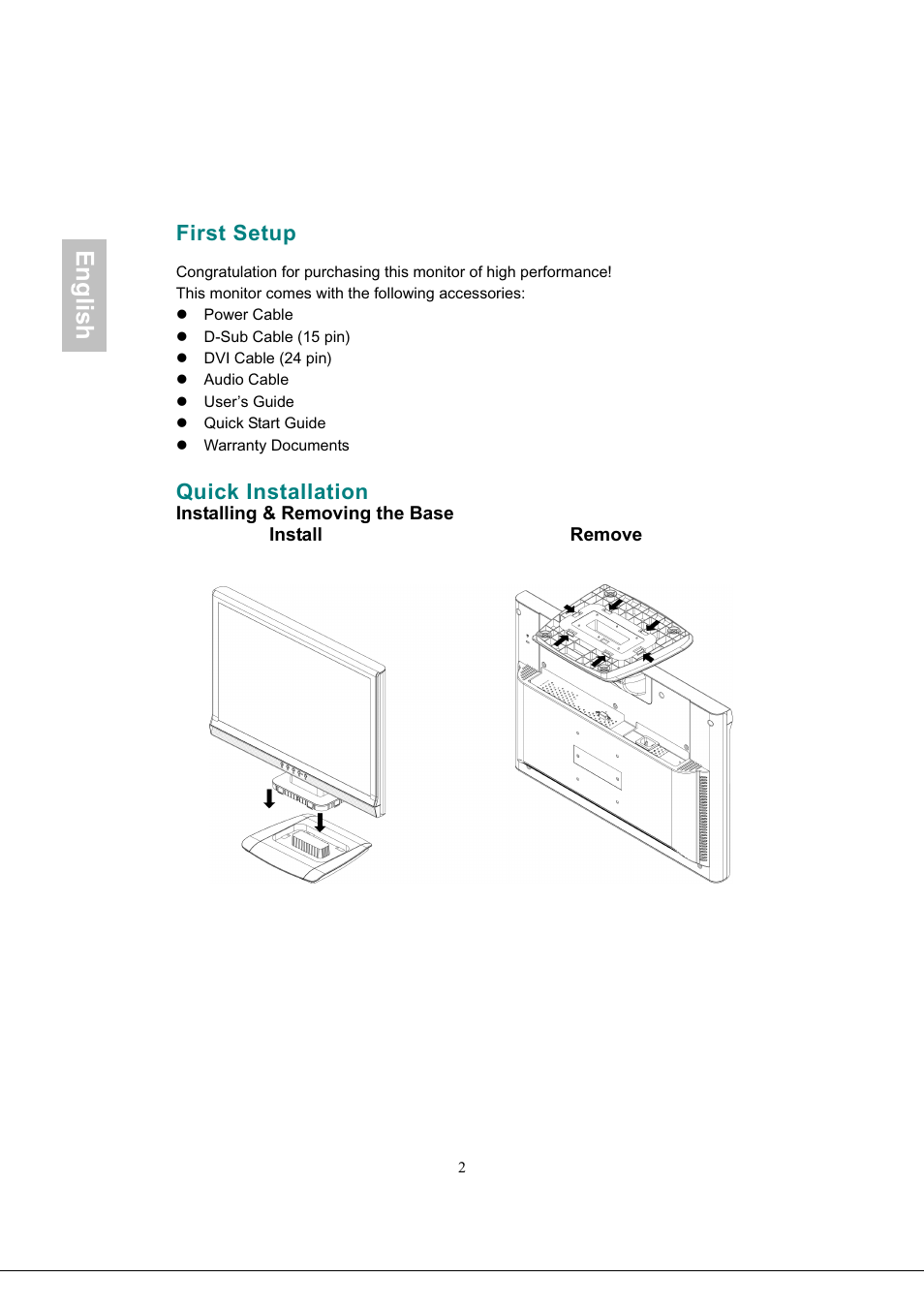 First setup, Quick installation, English | Envision Peripherals G218a1 User Manual | Page 5 / 46