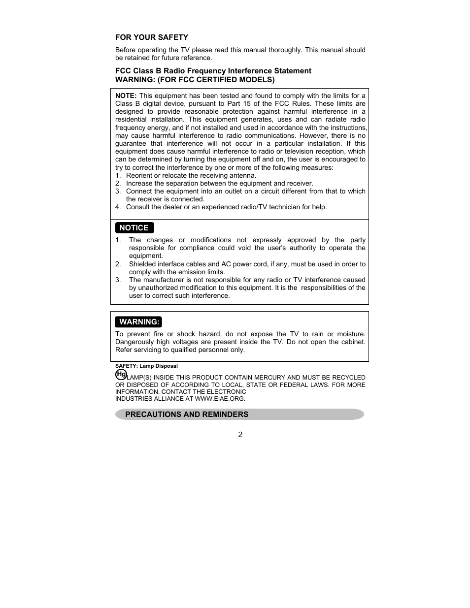 2 for your safety, Notice, Warning | Precautions and reminders | Envision Peripherals L32W761 User Manual | Page 4 / 27