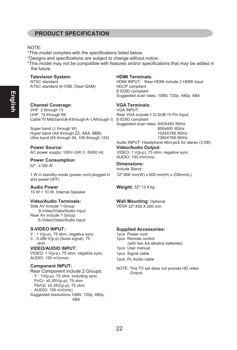 English, Product specification | Envision Peripherals L32W661 User Manual | Page 23 / 27