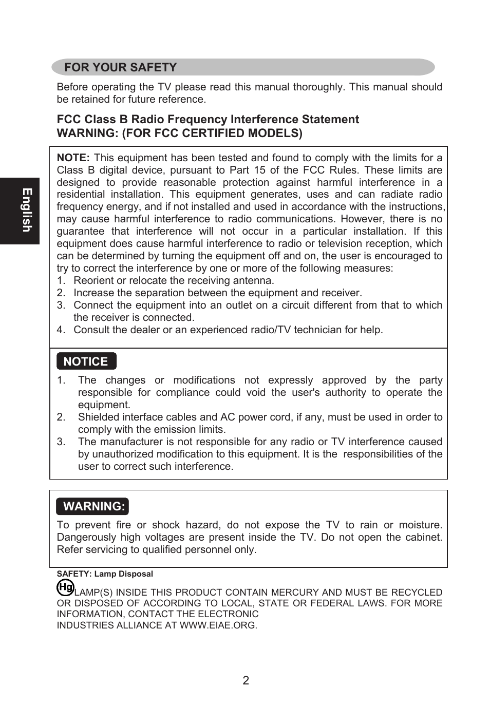 English, 2 for your safety, Notice | Warning | Envision Peripherals L32W661 User Manual | Page 3 / 27