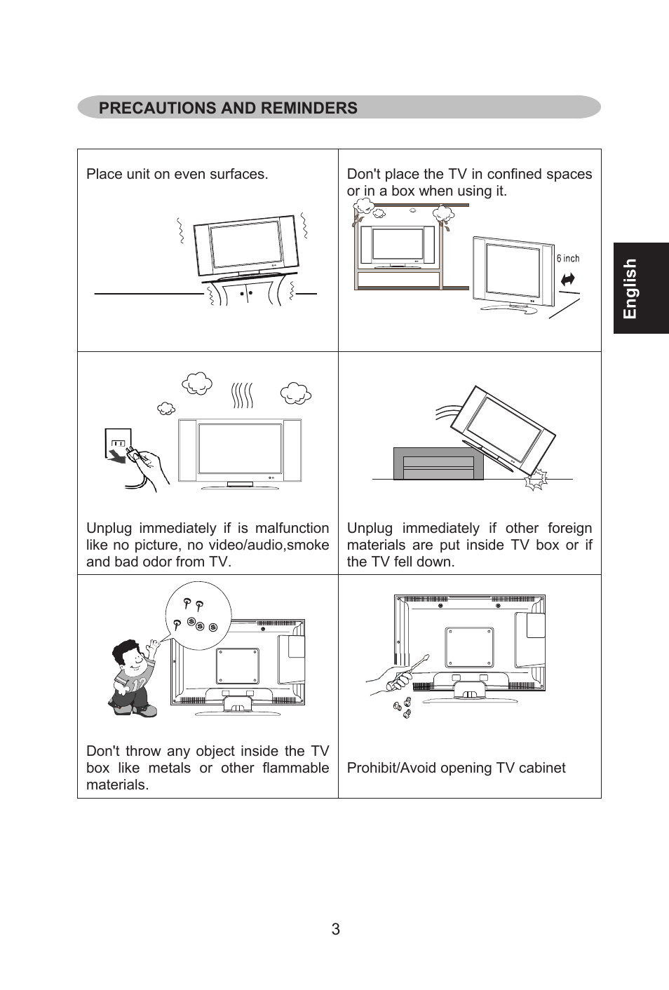English, Precautions and reminders | Envision Peripherals L32W661 User Manual | Page 4 / 27