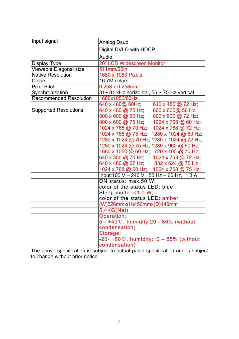 Technical specification | Envision Peripherals G2016WA2 User Manual | Page 11 / 12