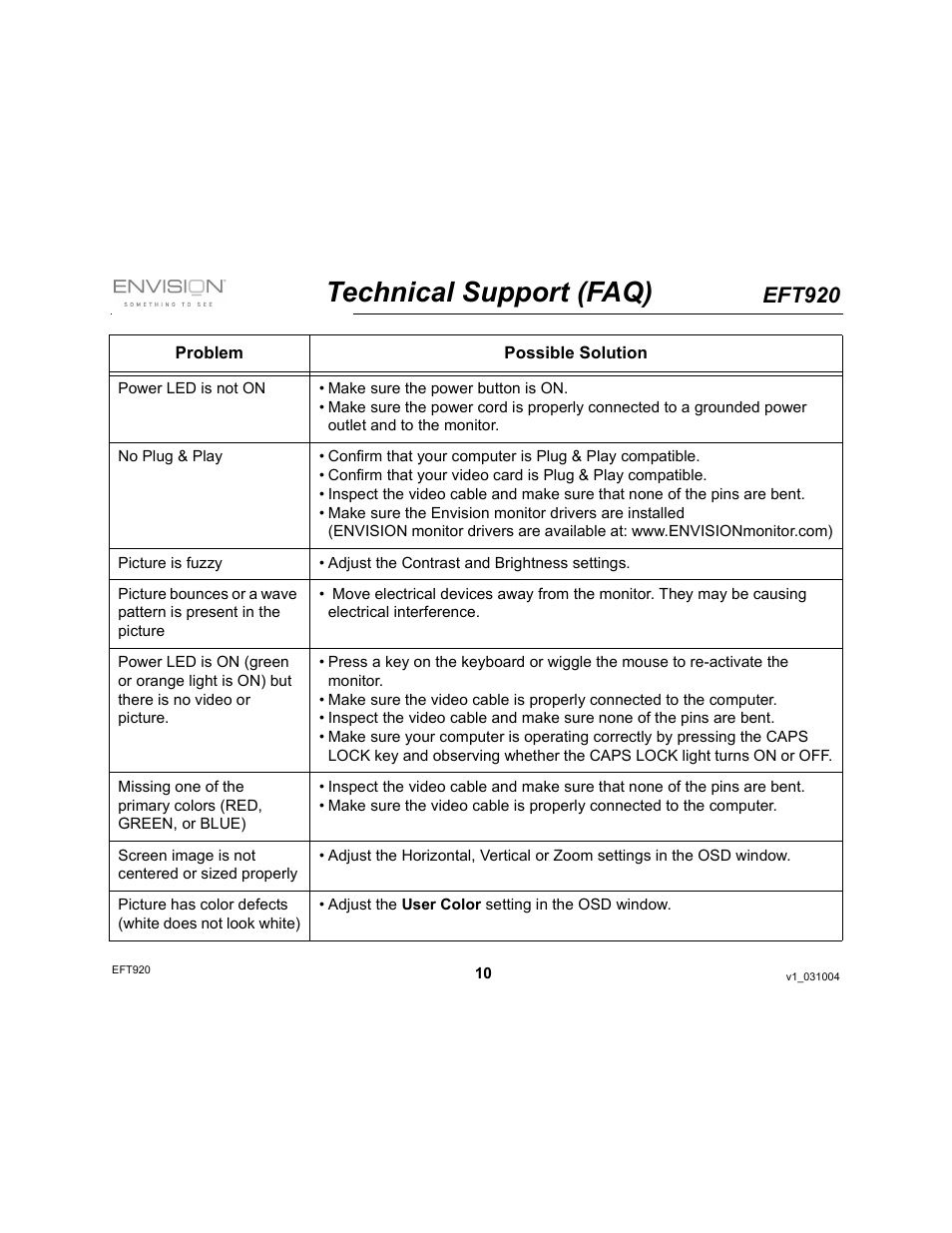 Technical support (faq), Eft920 | Envision Peripherals EFT920 User Manual | Page 10 / 14