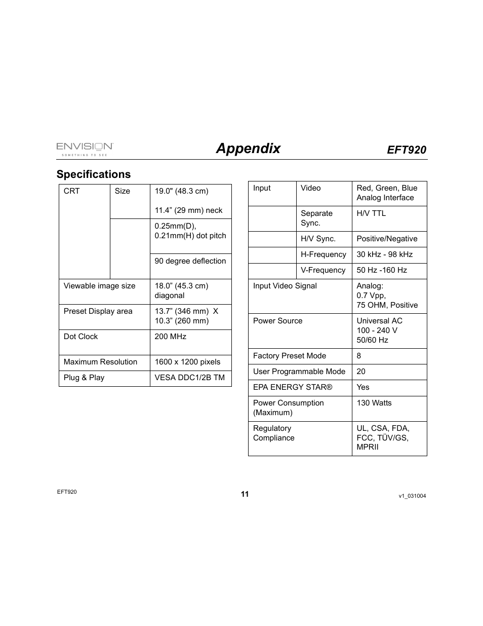 Appendix, Eft920, Specifications | Envision Peripherals EFT920 User Manual | Page 11 / 14