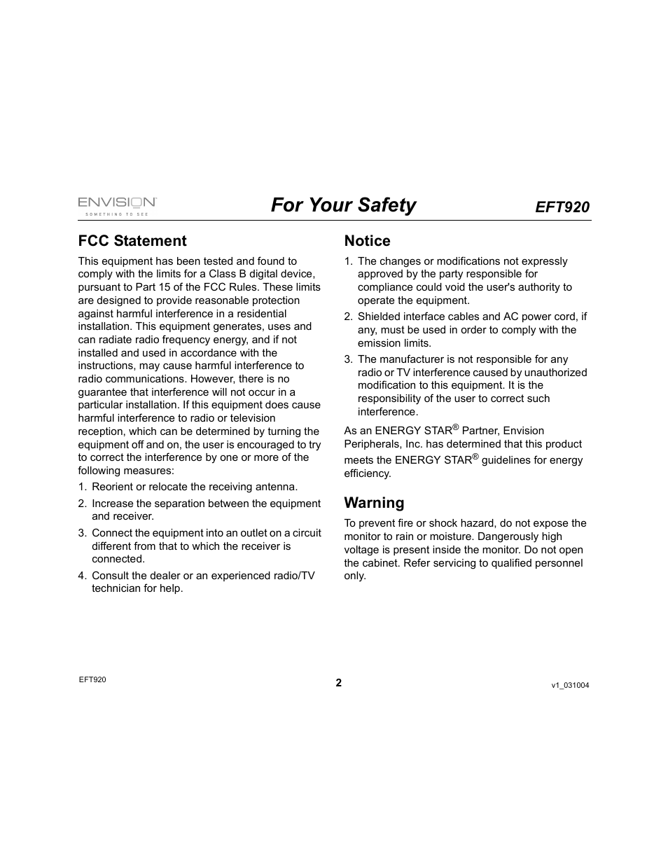 For your safety, Eft920, Fcc statement | Notice, Warning | Envision Peripherals EFT920 User Manual | Page 2 / 14