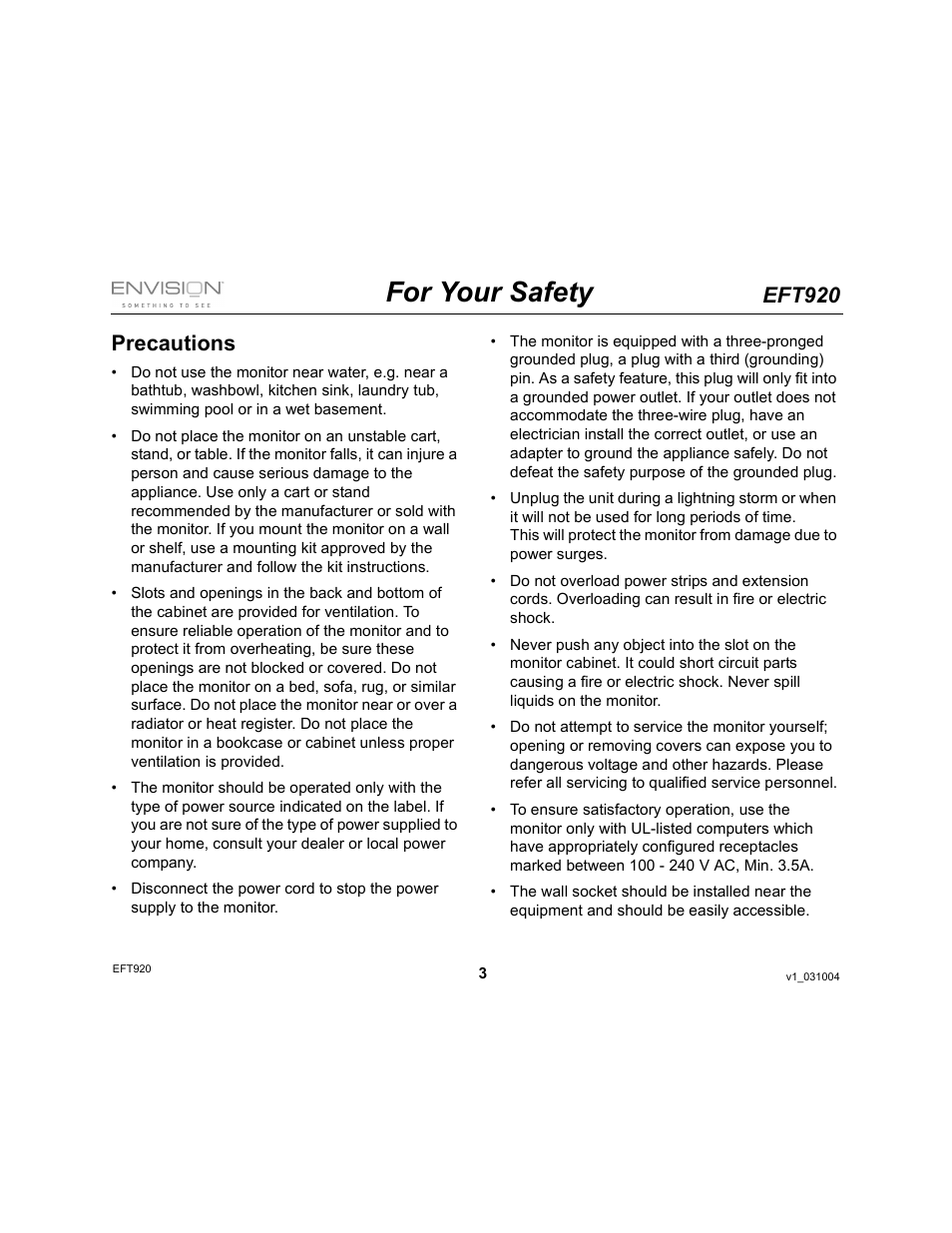 For your safety, Eft920, Precautions | Envision Peripherals EFT920 User Manual | Page 3 / 14