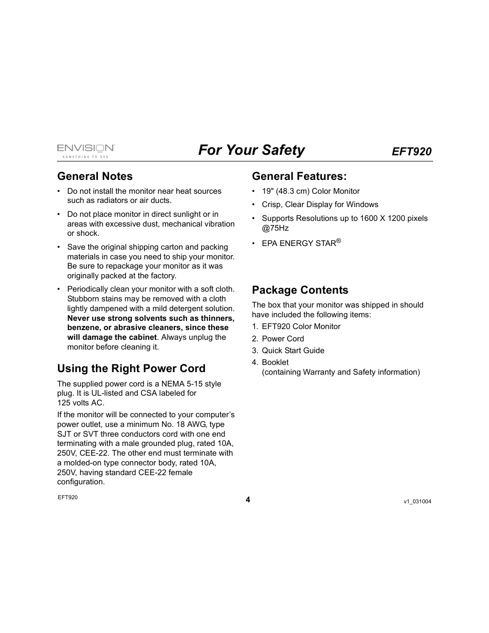 For your safety, Eft920, Using the right power cord | General features, Package contents | Envision Peripherals EFT920 User Manual | Page 4 / 14