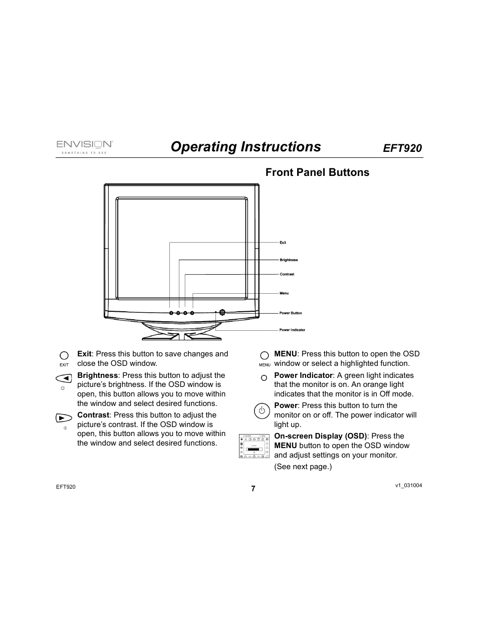 Operating instructions, Eft920, Front panel buttons | Envision Peripherals EFT920 User Manual | Page 7 / 14