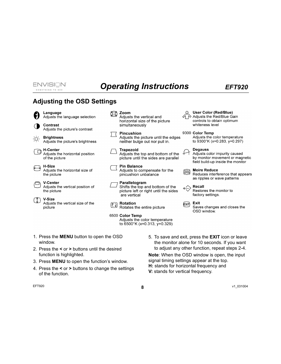 Operating instructions, Eft920, Adjusting the osd settings | Envision Peripherals EFT920 User Manual | Page 8 / 14