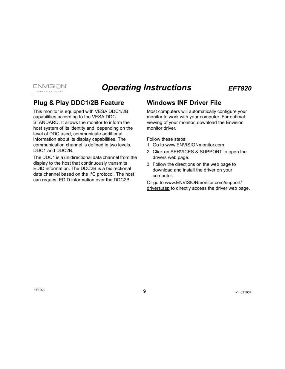 Operating instructions, Eft920, Plug & play ddc1/2b feature | Windows inf driver file | Envision Peripherals EFT920 User Manual | Page 9 / 14