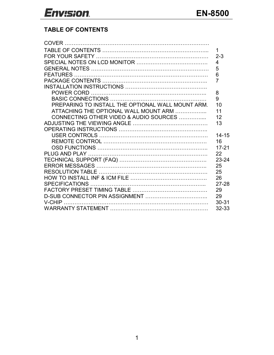 En-8500 | Envision Peripherals EN-8500 User Manual | Page 2 / 32