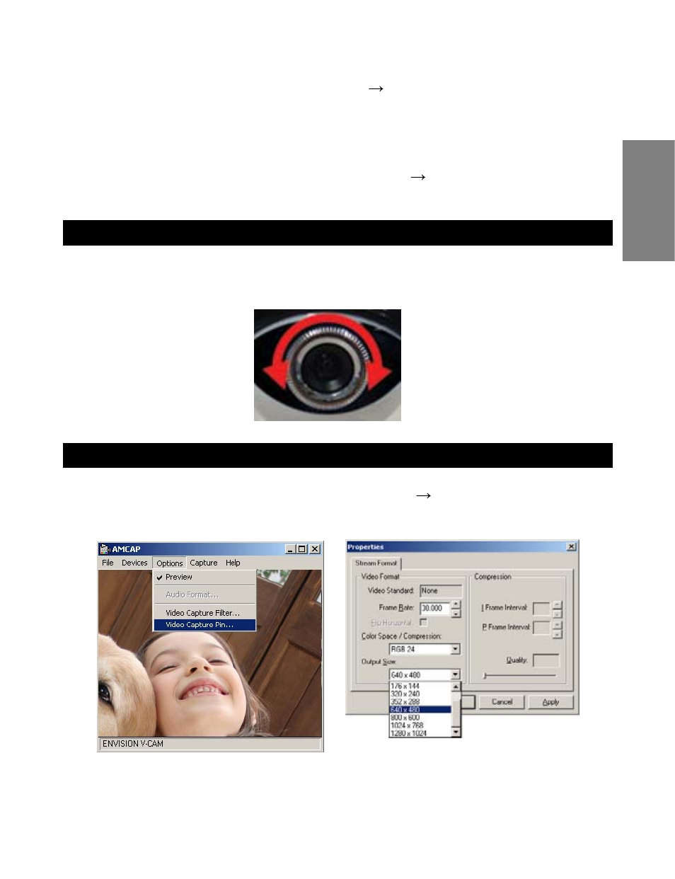 Adjusting focus, Changing video resolution, En g lis h | Envision Peripherals WebCam User Manual | Page 9 / 55