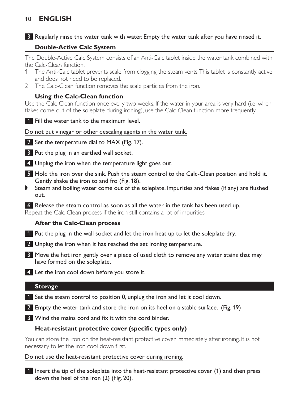 Double-active calc system, Using the calc-clean function, After the calc-clean process | Storage | Philips GC4710 User Manual | Page 10 / 120
