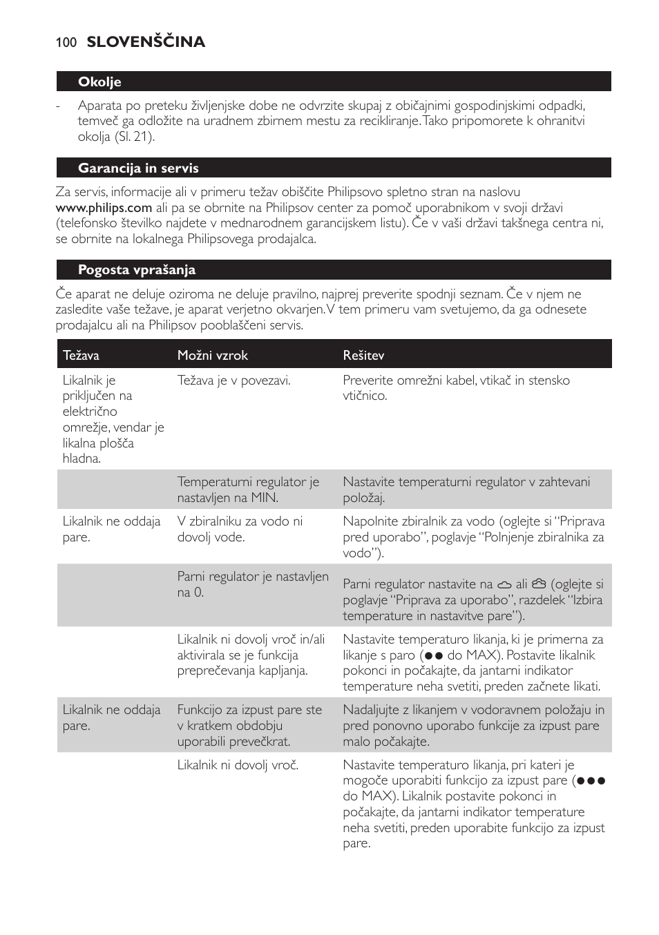 Okolje, Garancija in servis, Pogosta vprašanja | Philips GC4710 User Manual | Page 100 / 120