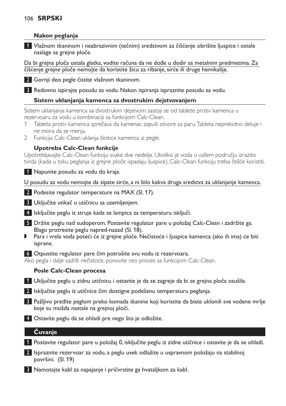 Nakon peglanja, Upotreba calc-clean funkcije, Posle calc-clean procesa | Čuvanje | Philips GC4710 User Manual | Page 106 / 120