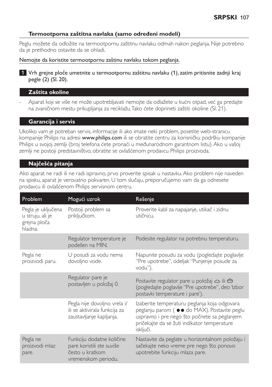 Zaštita okoline, Garancija i servis, Najčešća pitanja | Philips GC4710 User Manual | Page 107 / 120