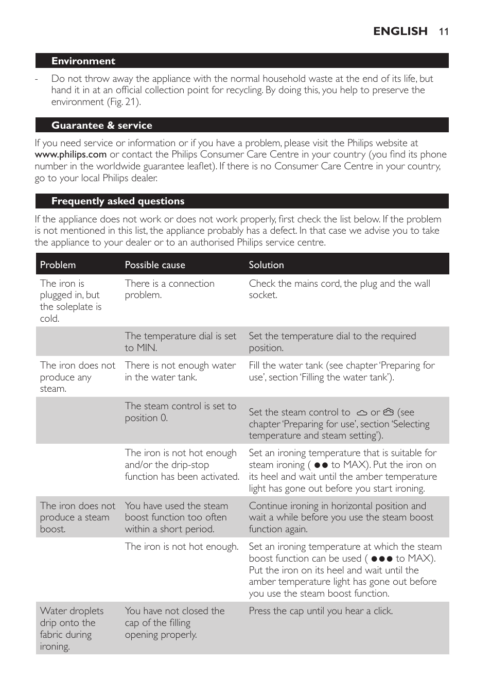 Environment, Guarantee & service, Frequently asked questions | Philips GC4710 User Manual | Page 11 / 120