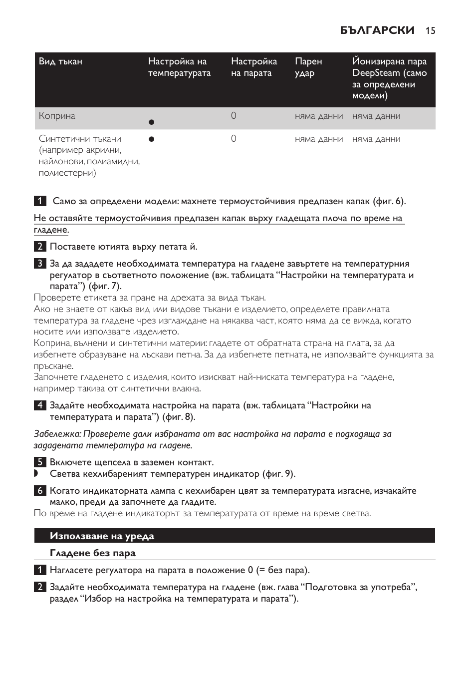 Използване на уреда, Гладене без пара, Гладене с пара | Philips GC4710 User Manual | Page 15 / 120