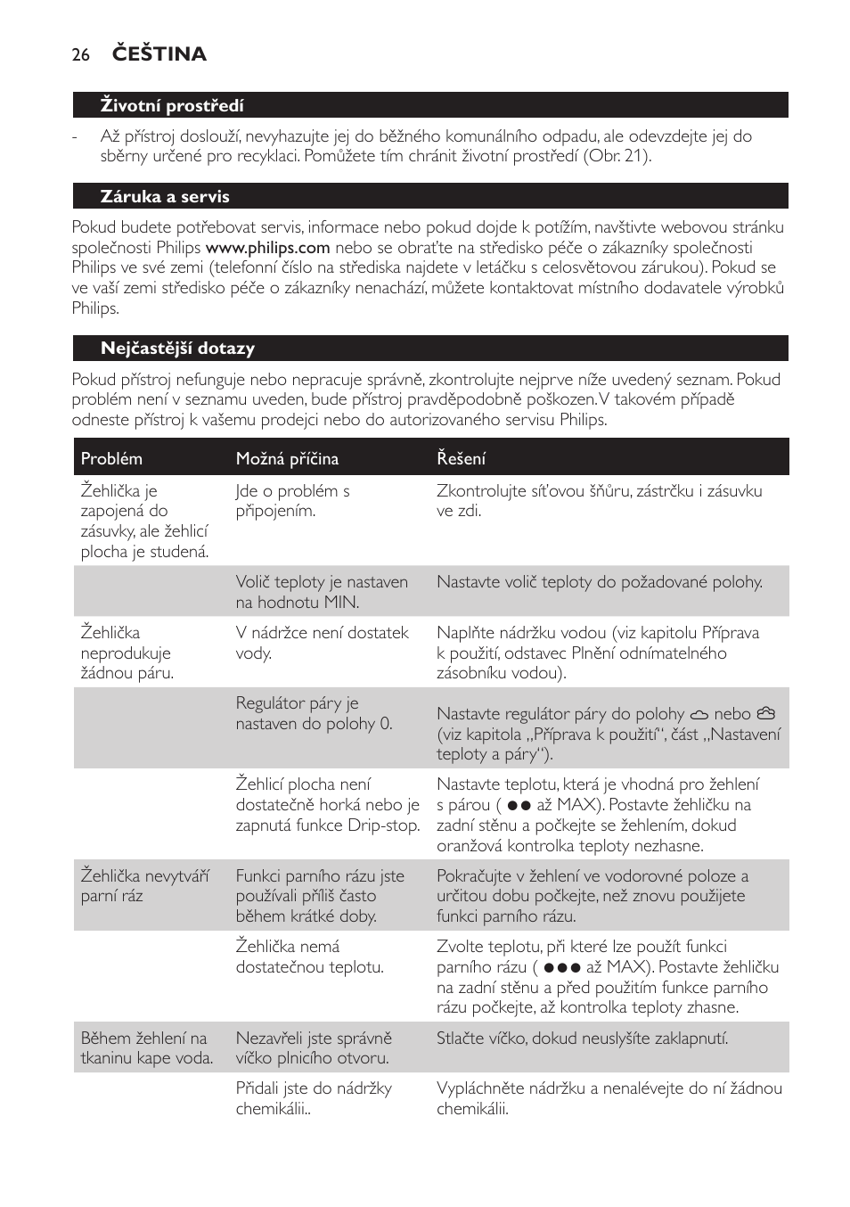 Životní prostředí, Záruka a servis, Nejčastější dotazy | Philips GC4710 User Manual | Page 26 / 120