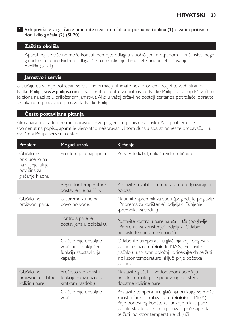 Zaštita okoliša, Jamstvo i servis, Često postavljana pitanja | Philips GC4710 User Manual | Page 33 / 120