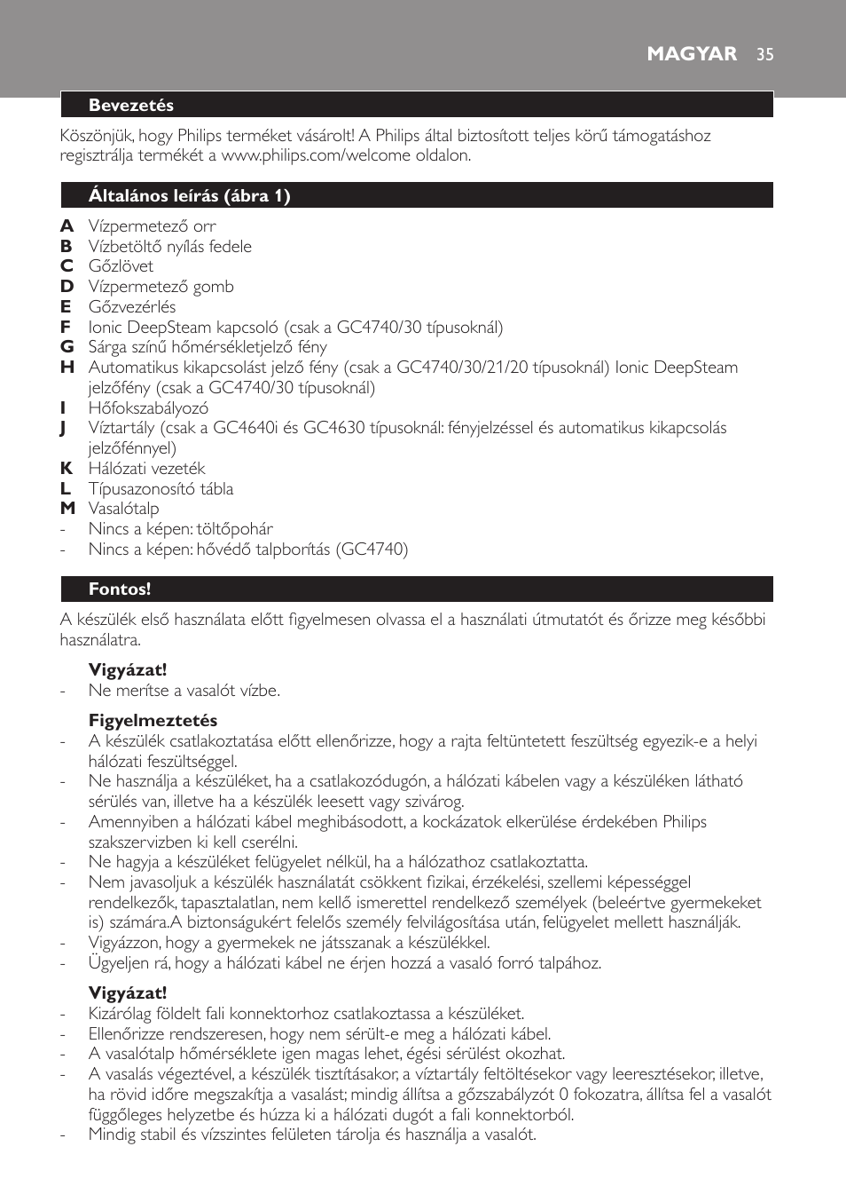 Vigyázat, Figyelmeztetés, Magyar | Bevezetés, Általános leírás (ábra 1), Fontos | Philips GC4710 User Manual | Page 35 / 120