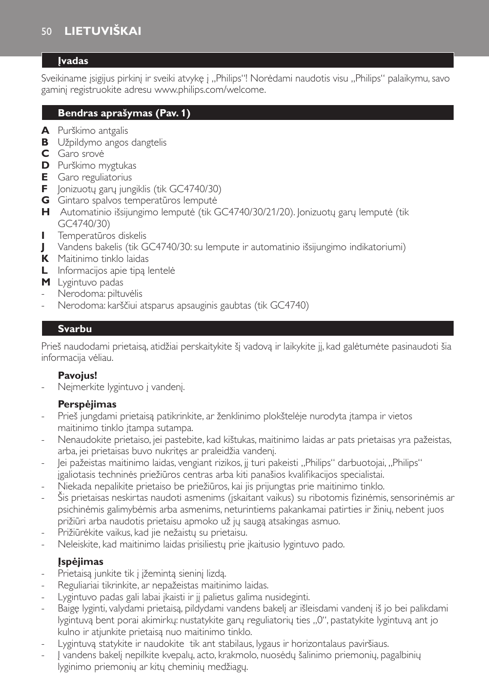 Pavojus, Perspėjimas, Įspėjimas | Lietuviškai, Įvadas, Bendras aprašymas (pav. 1), Svarbu | Philips GC4710 User Manual | Page 50 / 120