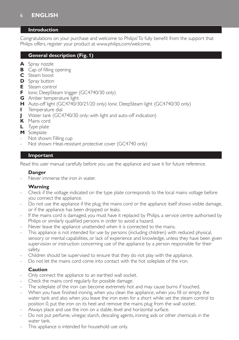 English, Introduction, General description (fig. 1) | Important, Danger, Warning, Caution | Philips GC4710 User Manual | Page 6 / 120