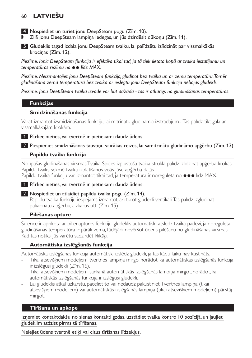 Funkcijas, Smidzināšanas funkcija, Papildu tvaika funkcija | Pilēšanas apture, Automātiska izslēgšanās funkcija, Tīrīšana un apkope | Philips GC4710 User Manual | Page 60 / 120