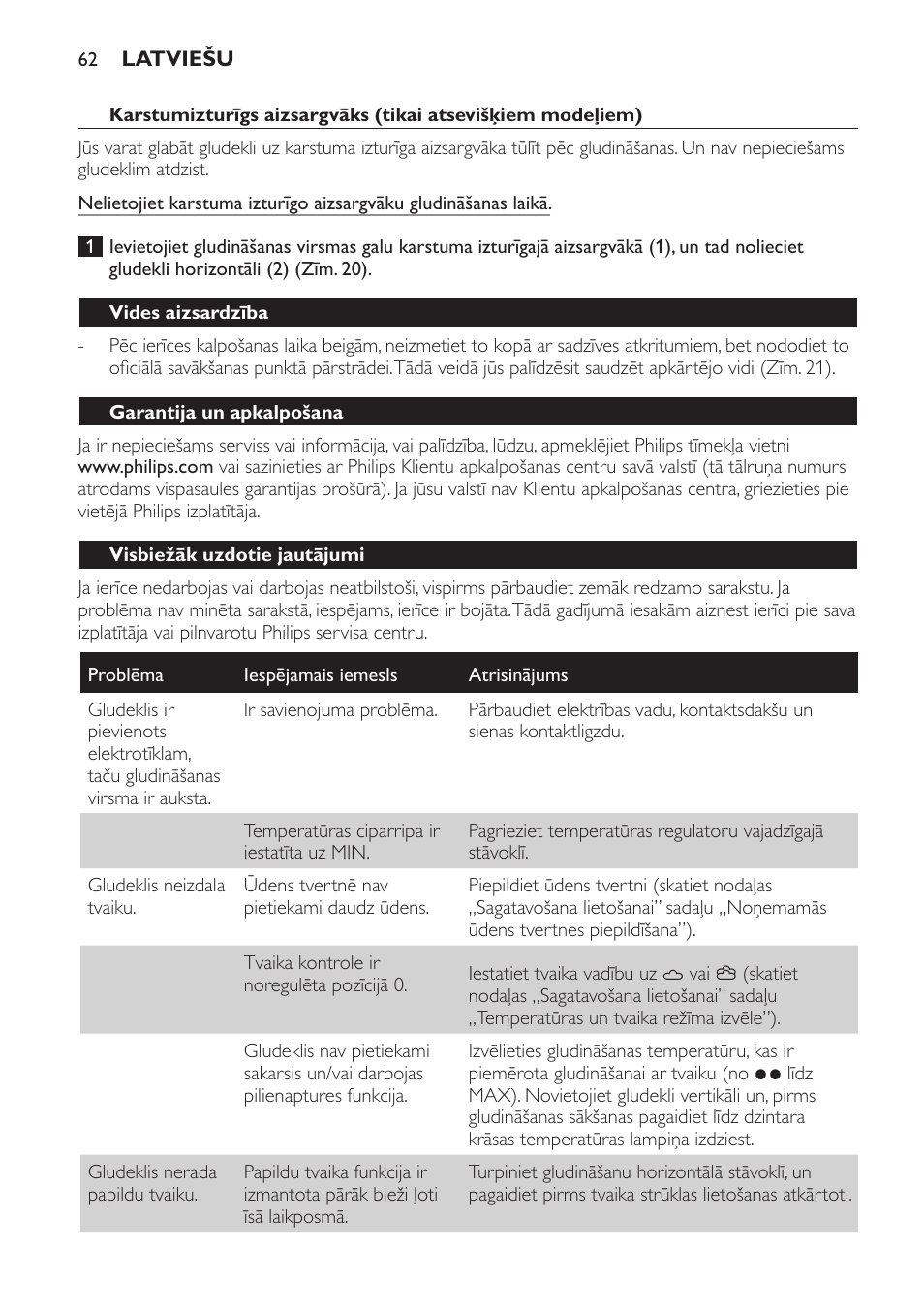 Vides aizsardzība, Garantija un apkalpošana, Visbiežāk uzdotie jautājumi | Philips GC4710 User Manual | Page 62 / 120