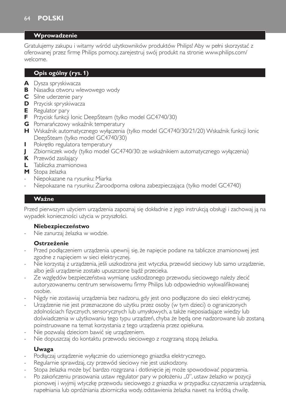 Niebezpieczeństwo, Ostrzeżenie, Uwaga | Polski, Wprowadzenie, Opis ogólny (rys. 1), Ważne | Philips GC4710 User Manual | Page 64 / 120