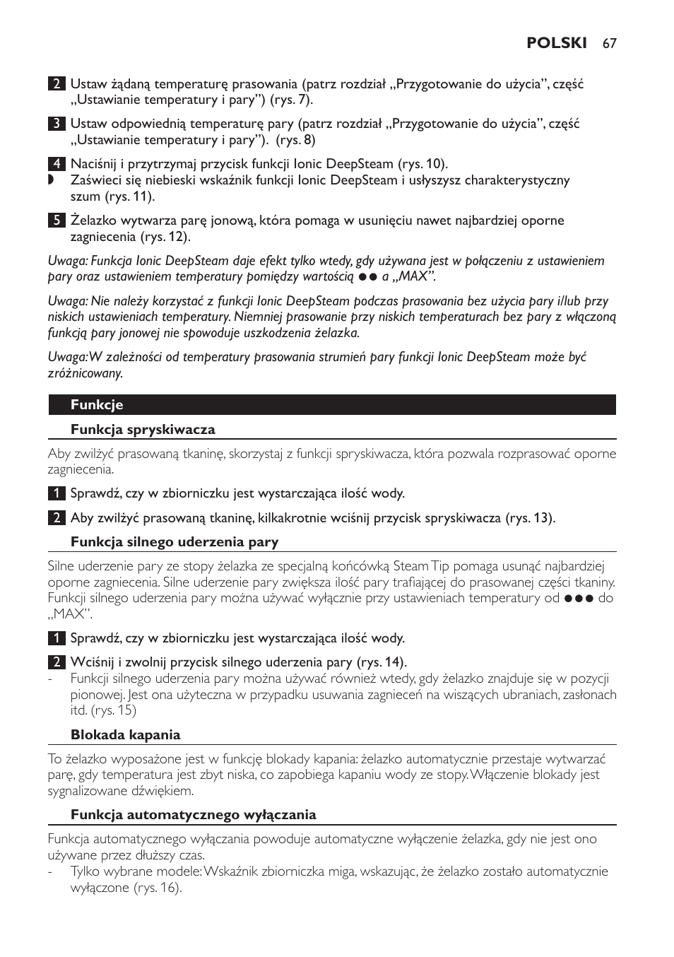 Funkcje, Funkcja spryskiwacza, Funkcja silnego uderzenia pary | Blokada kapania, Funkcja automatycznego wyłączania | Philips GC4710 User Manual | Page 67 / 120