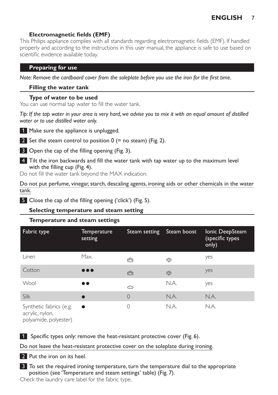 Electromagnetic fields (emf), Preparing for use, Filling the water tank | Type of water to be used, Selecting temperature and steam setting, Temperature and steam settings | Philips GC4710 User Manual | Page 7 / 120