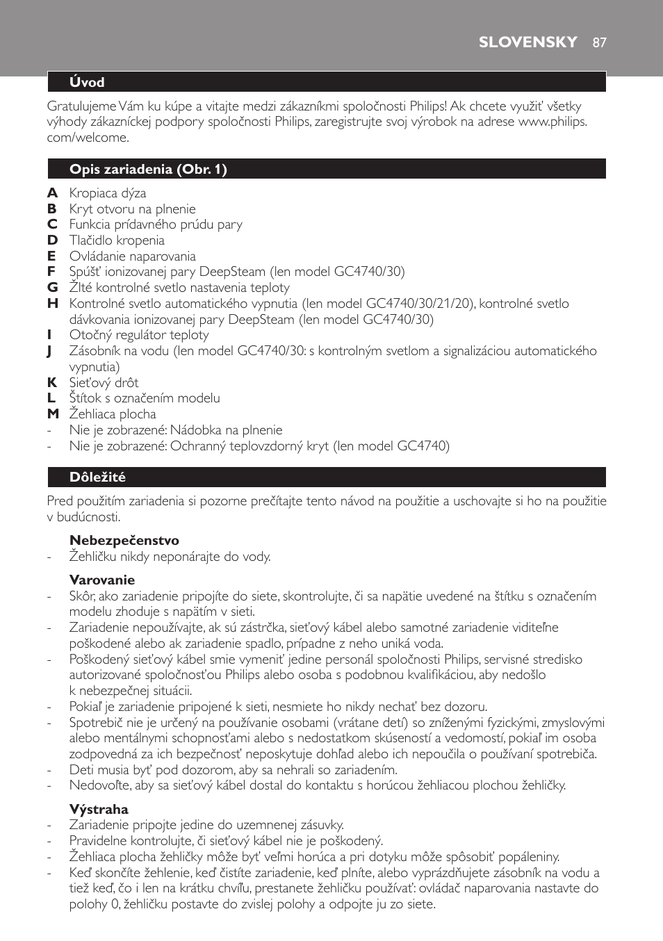 Nebezpečenstvo, Varovanie, Výstraha | Slovensky, Úvod, Opis zariadenia (obr. 1), Dôležité | Philips GC4710 User Manual | Page 87 / 120