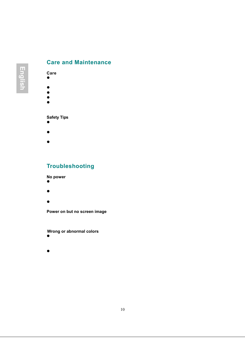 Care and maintenance, Care, Troubleshooting | English | Envision Peripherals Envision Professional G918w1 User Manual | Page 13 / 13