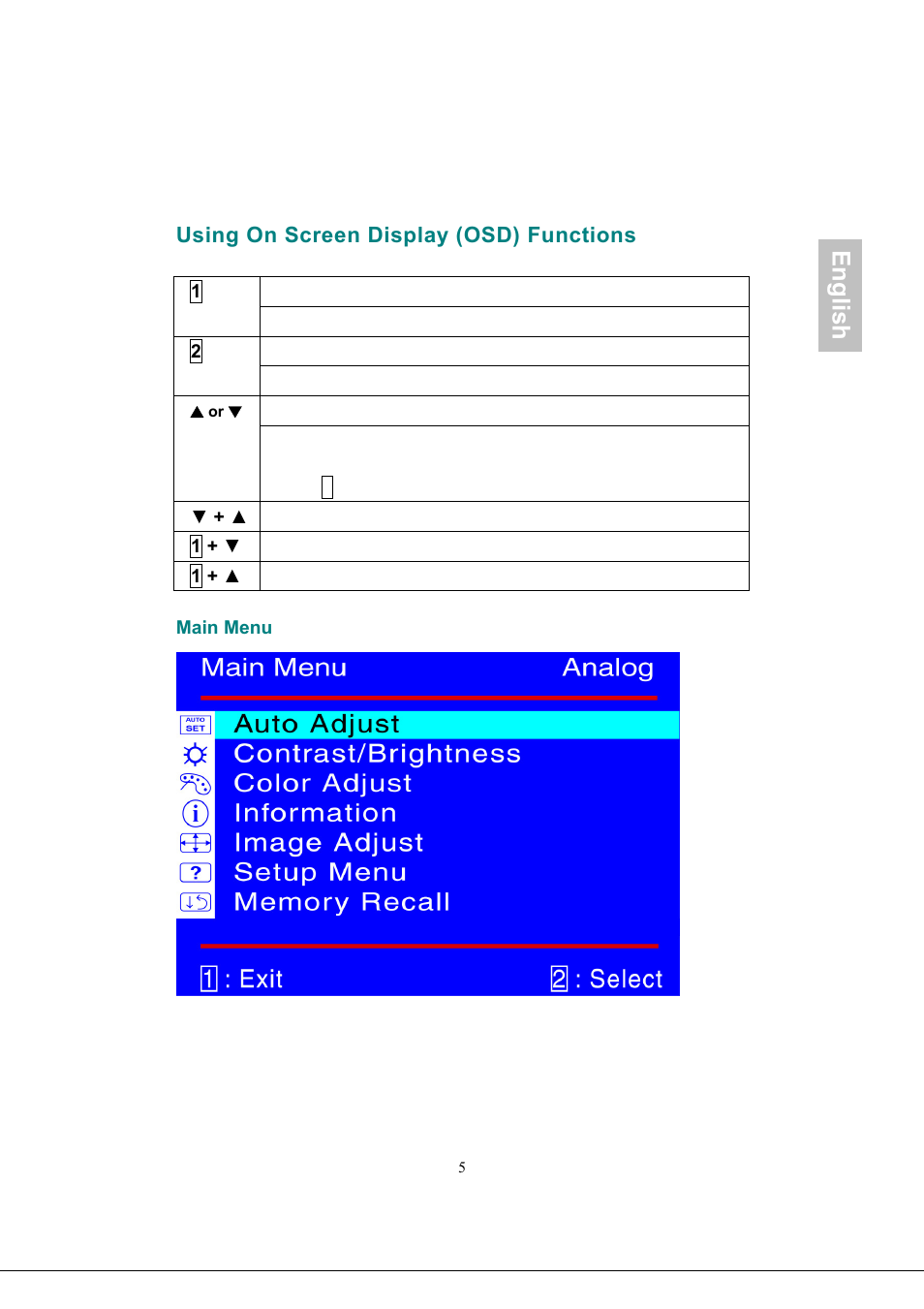 Using on screen display (osd) functions, Main menu, English | Envision Peripherals Envision Professional G918w1 User Manual | Page 8 / 13