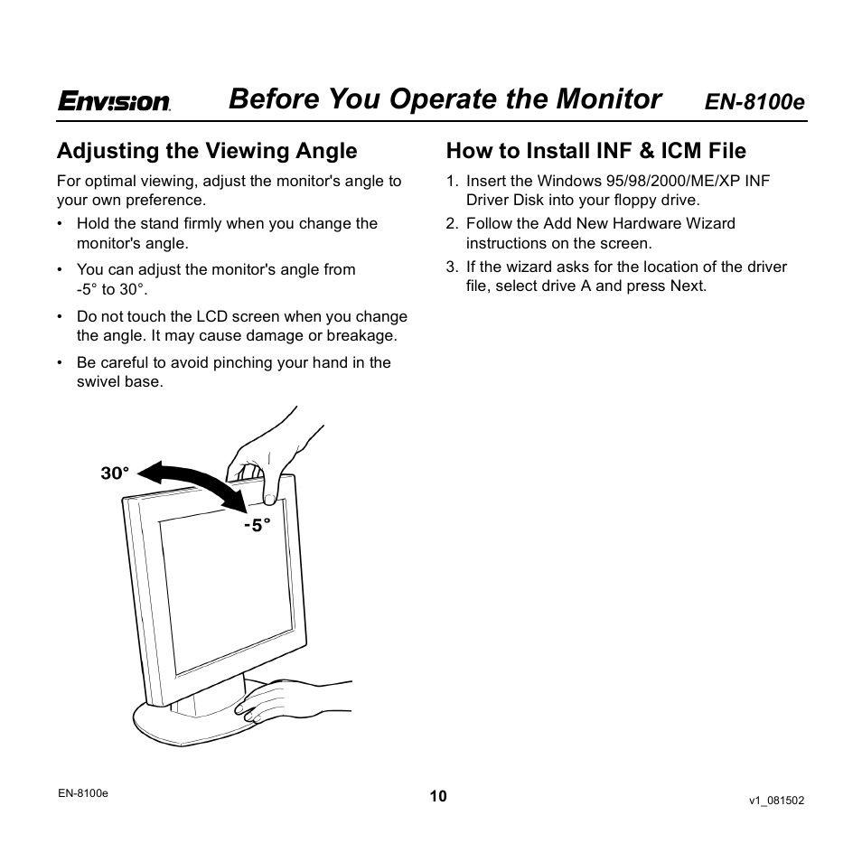 Before you operate the monitor, En-8100e, Adjusting the viewing angle | How to install inf & icm file | Envision Peripherals EN-8100e User Manual | Page 10 / 20