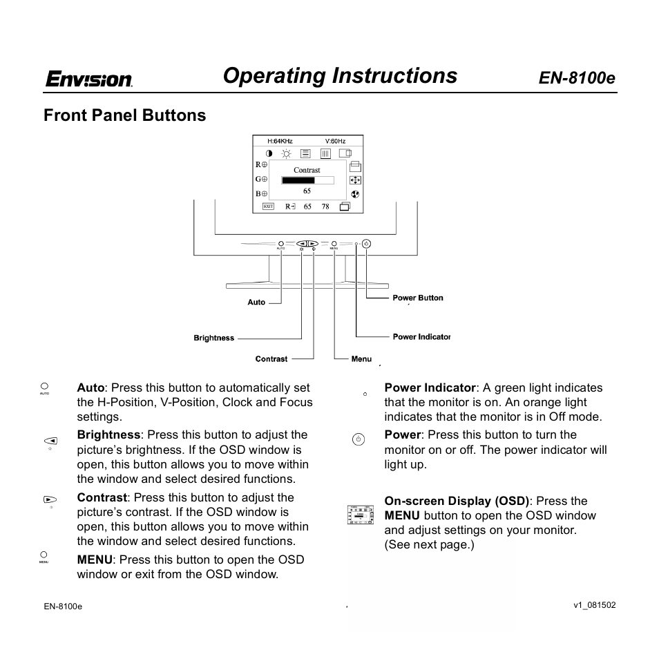 Operating instructions, En-8100e, Front panel buttons | Envision Peripherals EN-8100e User Manual | Page 11 / 20