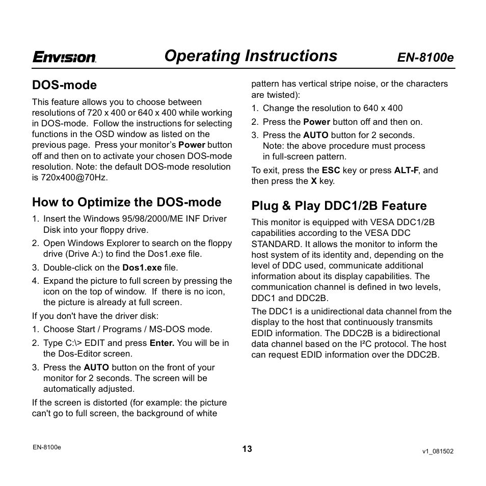 Operating instructions, En-8100e, Dos-mode | How to optimize the dos-mode, Plug & play ddc1/2b feature | Envision Peripherals EN-8100e User Manual | Page 13 / 20