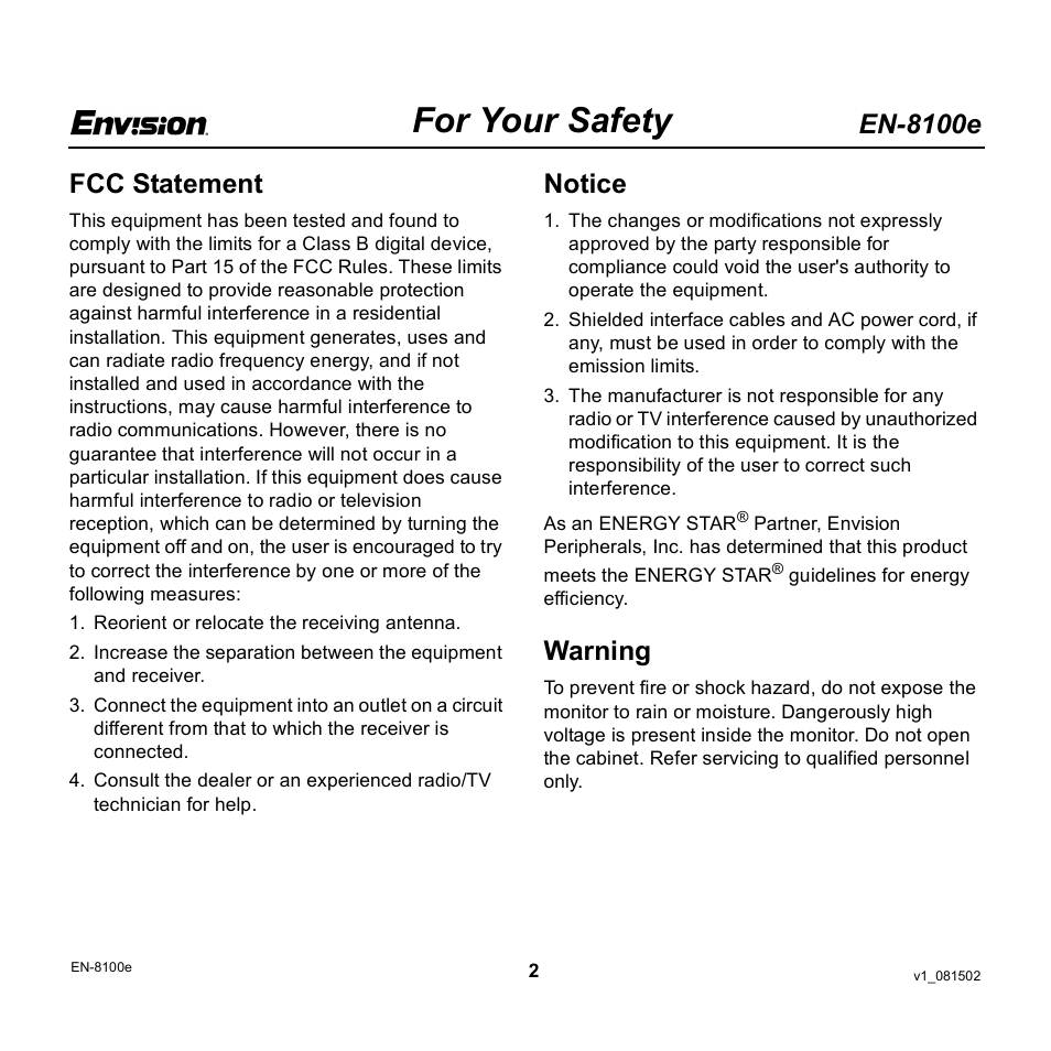 For your safety, En-8100e, Fcc statement | Notice, Warning | Envision Peripherals EN-8100e User Manual | Page 2 / 20