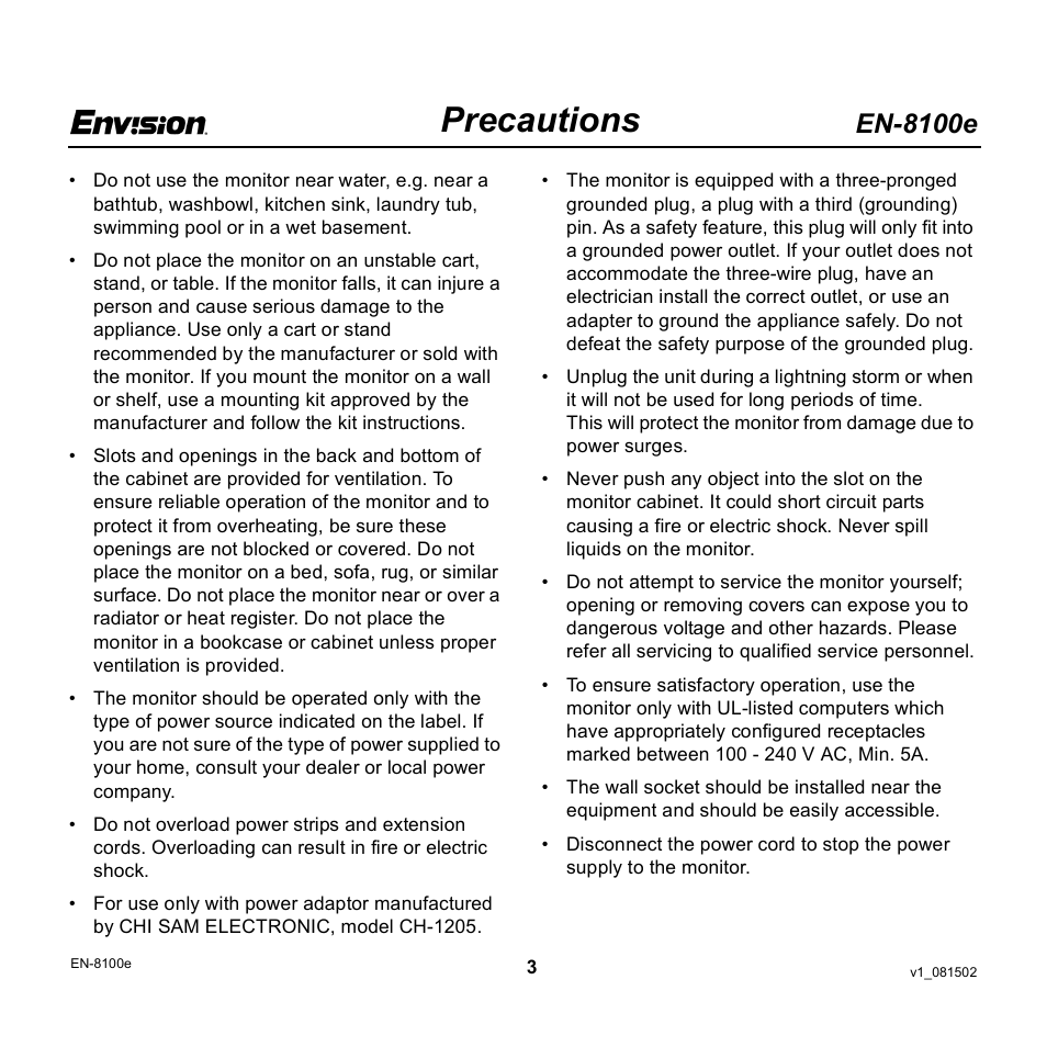 Precautions, En-8100e | Envision Peripherals EN-8100e User Manual | Page 3 / 20