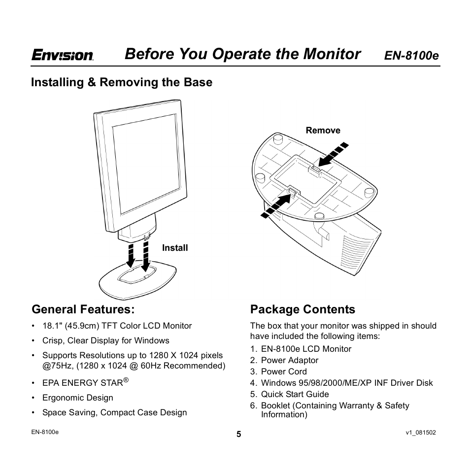 Before you operate the monitor, En-8100e, Installing & removing the base general features | Package contents | Envision Peripherals EN-8100e User Manual | Page 5 / 20