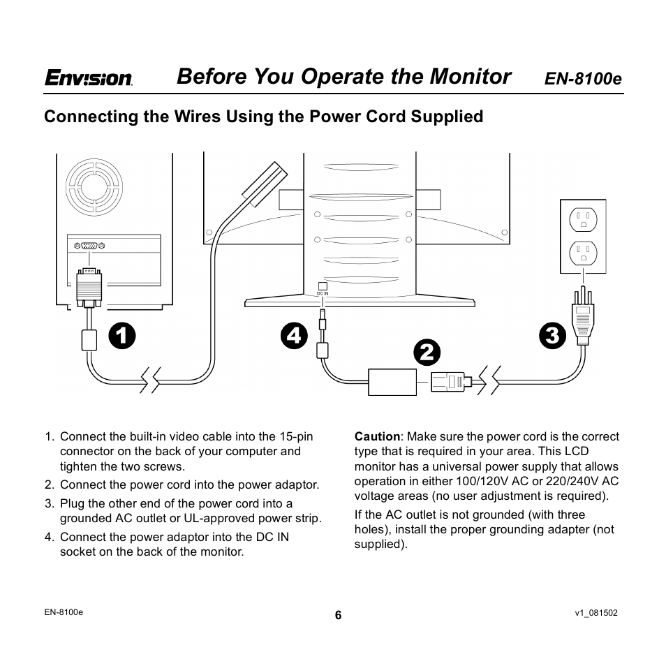 Before you operate the monitor, En-8100e, Connecting the wires using the power cord supplied | Envision Peripherals EN-8100e User Manual | Page 6 / 20