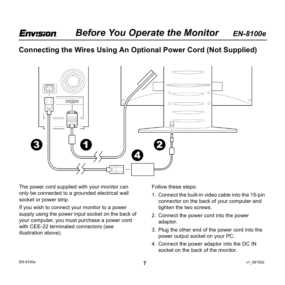 Before you operate the monitor, En-8100e | Envision Peripherals EN-8100e User Manual | Page 7 / 20