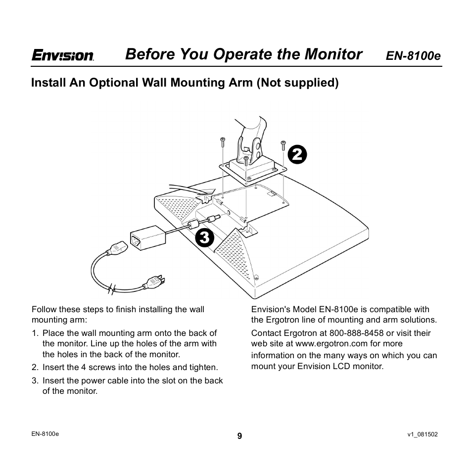 Before you operate the monitor, En-8100e | Envision Peripherals EN-8100e User Manual | Page 9 / 20