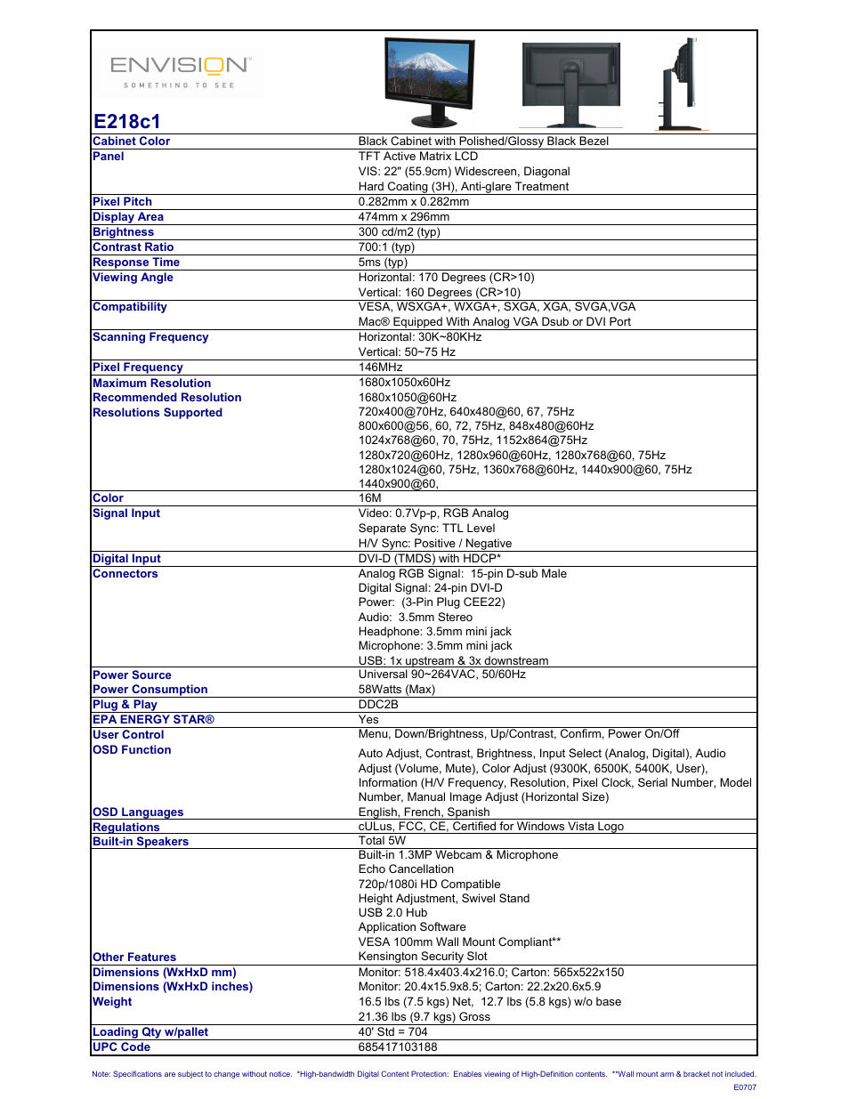 Envision Peripherals E218C1 User Manual | 1 page