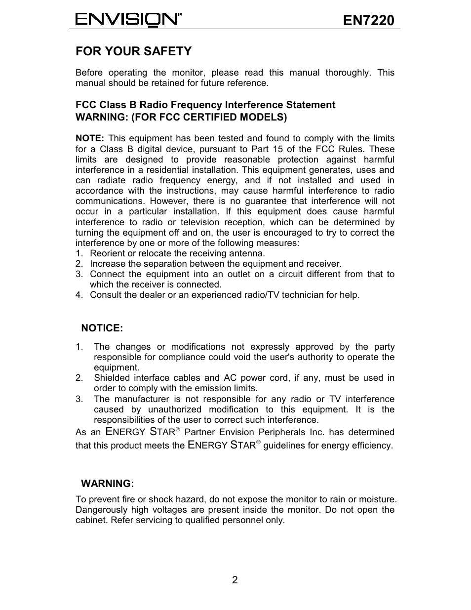 En7220, For your safety | Envision Peripherals EN7220 User Manual | Page 3 / 25