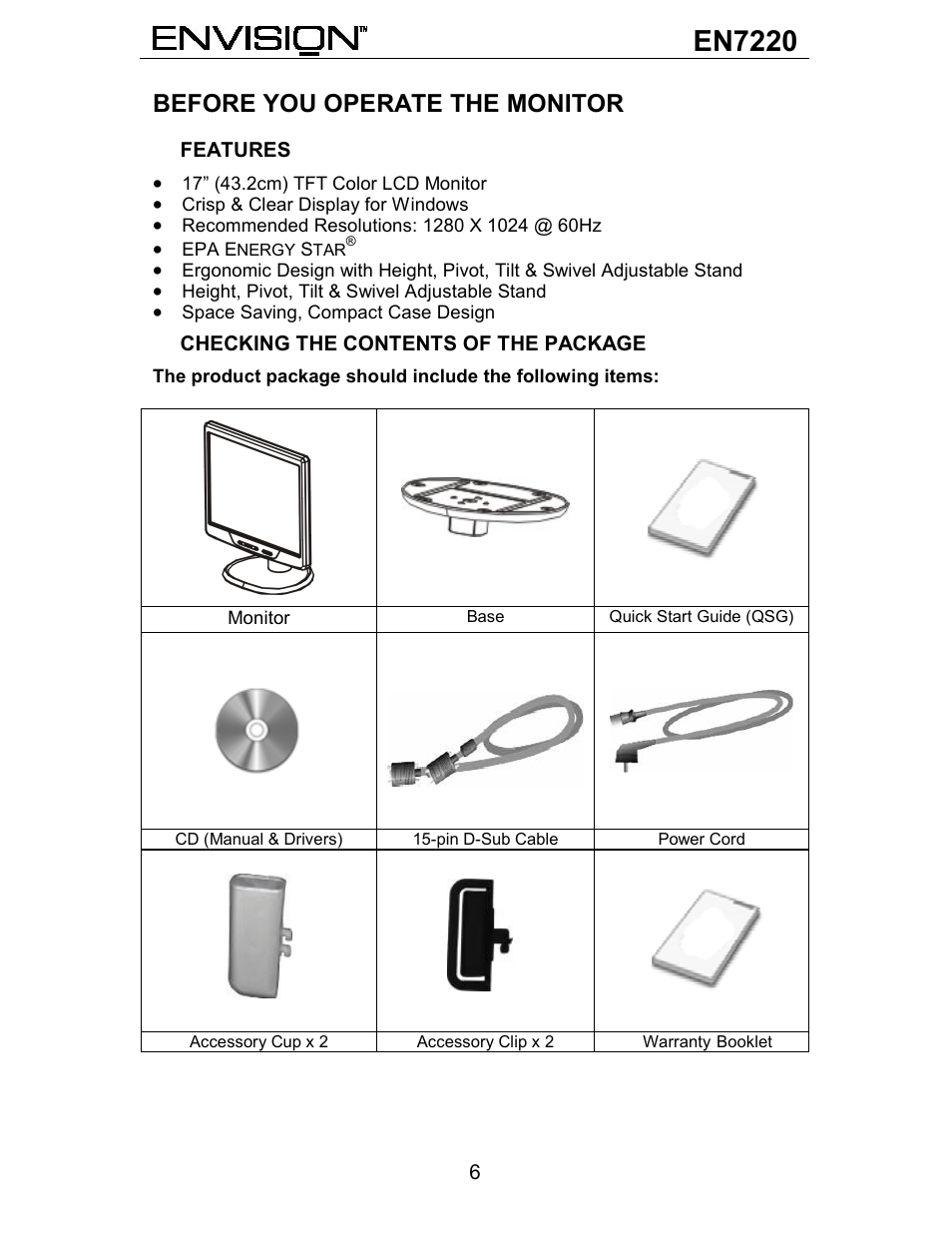 En7220, Before you operate the monitor | Envision Peripherals EN7220 User Manual | Page 7 / 25